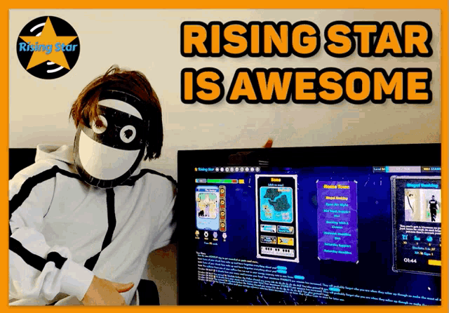 a poster for rising star is awesome with a person in a mask standing in front of a computer