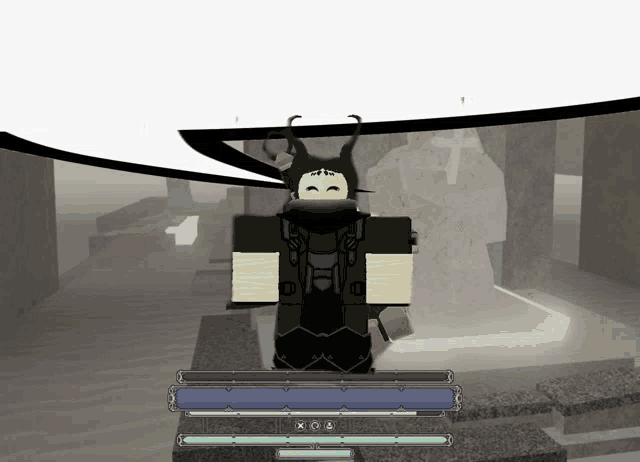 a video game character with horns is standing in front of a statue