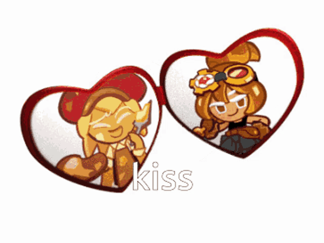 a couple of hearts with the word kiss written on them