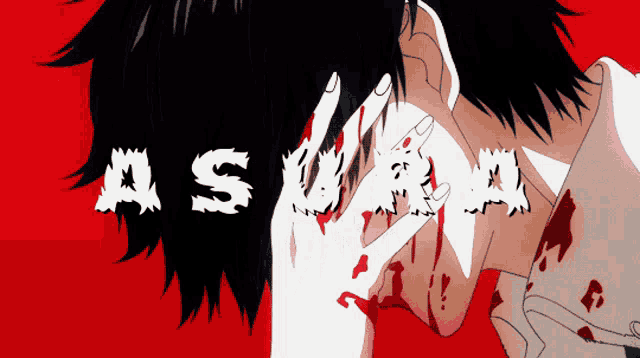 a person with blood on their face has the word asura written in white on a red background