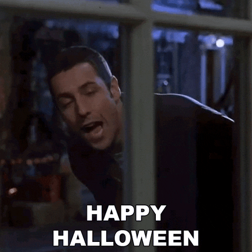 a man is peeking out of a window with the words `` happy halloween '' written on it .