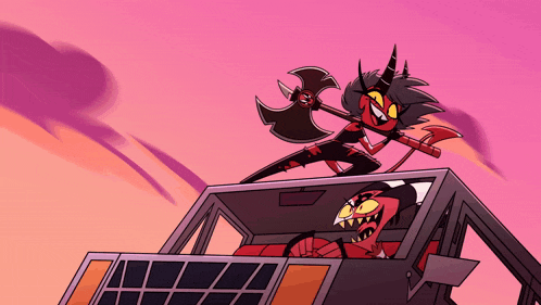 a cartoon of a devil holding an axe and another devil driving a car