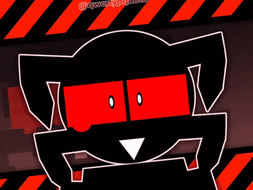 a black cartoon character with red eyes and a white triangle on its face