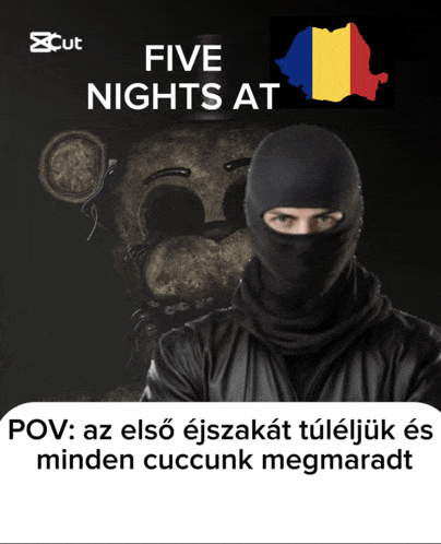 a poster for five nights at with a man wearing a ski mask