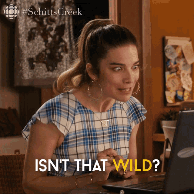 a woman sitting in front of a laptop with the words isn t that wild