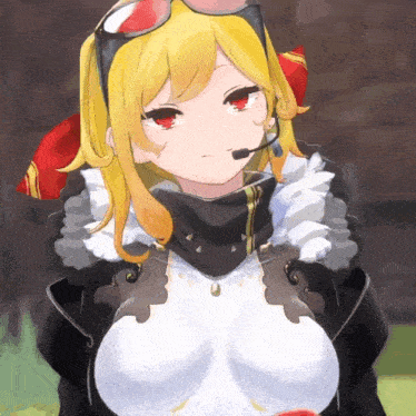 a girl with yellow hair and red eyes is wearing a headset and sunglasses