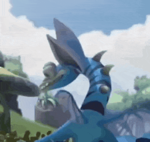 a blue dragon with horns is eating a frog in a painting .