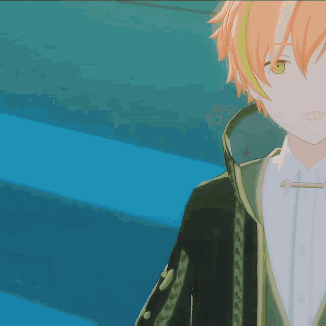 a boy with orange hair and green eyes is wearing a green jacket