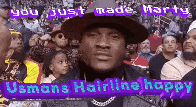 a man in a hat stands in front of a crowd and says you just made marty