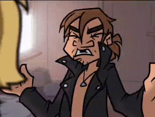 a cartoon of a man in a black jacket making a face
