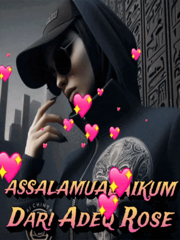 a woman wearing sunglasses and a hat is surrounded by pink hearts and the words assalamualaikum dari adeq rose