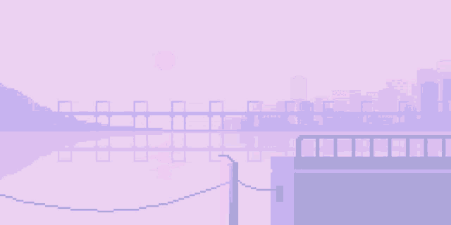 a pixel art of a bridge over a body of water with buildings in the background