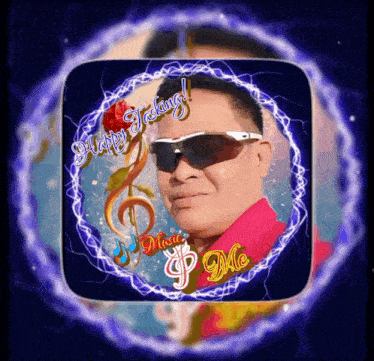 a picture of a man wearing sunglasses with the words happy today music me on it