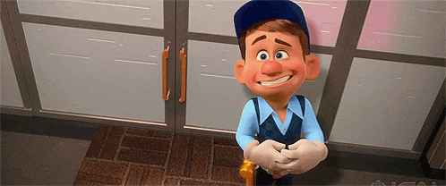 a cartoon character is standing in front of a door with his hands folded