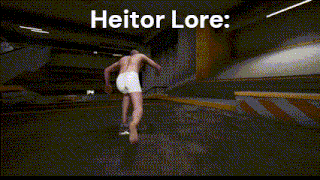 a man without a shirt is doing a trick on a skateboard with the name heitor lore below him