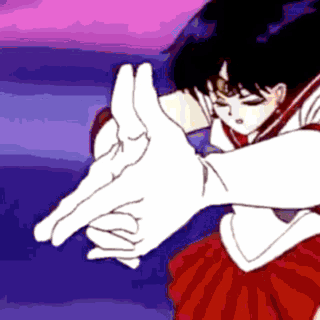 a girl in a red skirt and white gloves is pointing with her fingers .