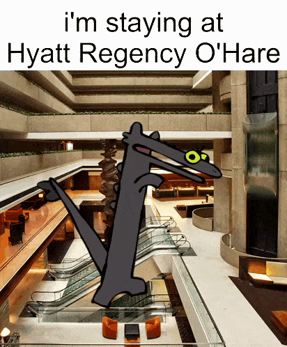 a cartoon drawing of a dinosaur standing in a hotel lobby