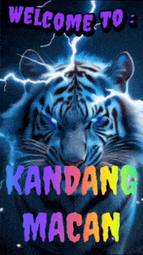 a blue tiger with lightning behind it and the words welcome to 3 kandang macan