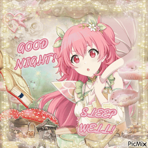 a picture of a girl with pink hair that says good night sleep well