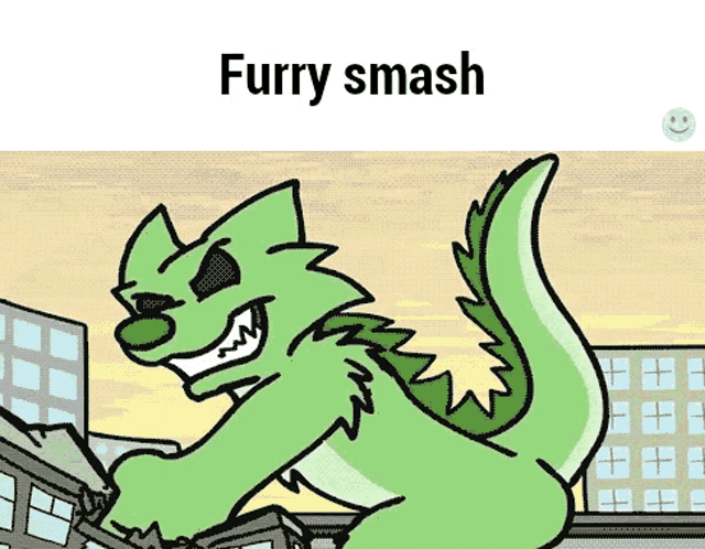 a cartoon of a green monster with the words furry smash on the top