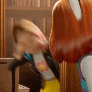 a couple of cartoon characters are standing next to each other in a room .