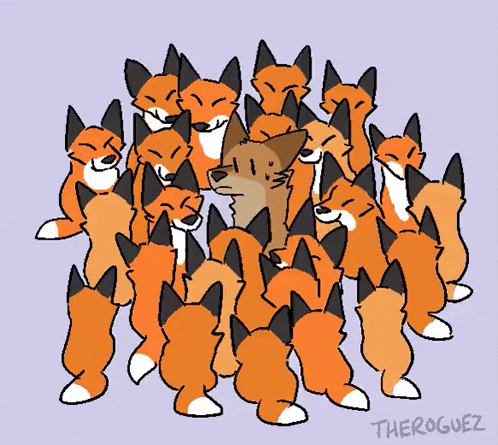 a drawing of a group of foxes with the name theroguez on the bottom right
