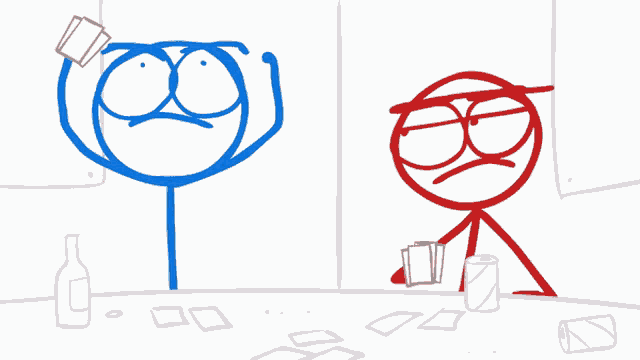 a blue stick figure is holding a bottle and a red stick figure is sitting at a table with cards