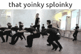 a group of people are dancing in a dance studio with the caption that yoinky sploinky