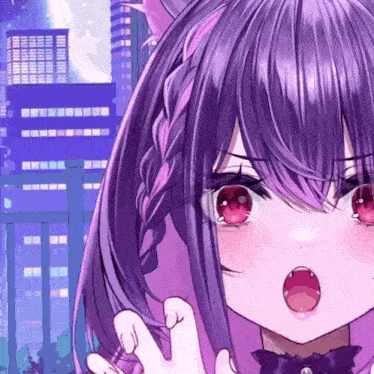 a girl with purple hair and red eyes is standing in front of a city skyline