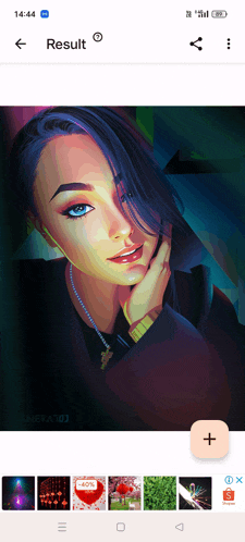 a phone screen shows a painting of a woman with the time 14:44