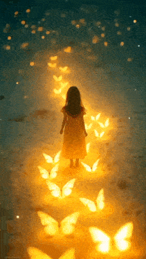 a girl in a yellow dress is walking through a field of butterflies