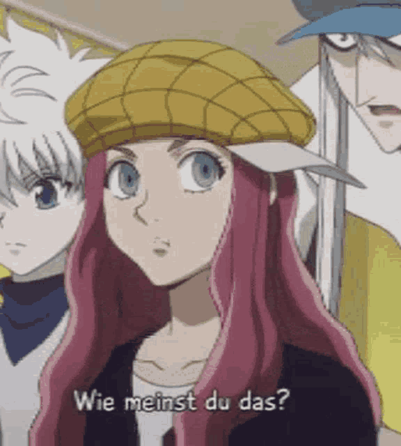 a girl with pink hair is wearing a hat and says wie meinst du das