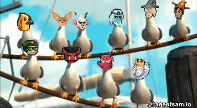 a bunch of pigeons sitting on a wire with ageofsam.io in the corner