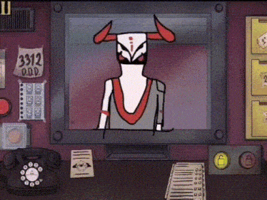 a cartoon character with horns is on a television screen with a sign that says 3312 on it
