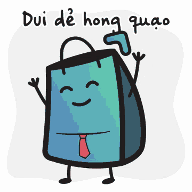 a cartoon drawing of a shopping bag with arms and legs and the words dui de hong quao written below it