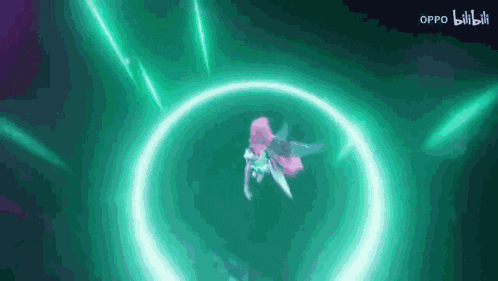 a girl with pink hair is flying through a green circle