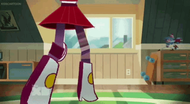 a cartoon character is standing in a room wearing a red skirt and boots .