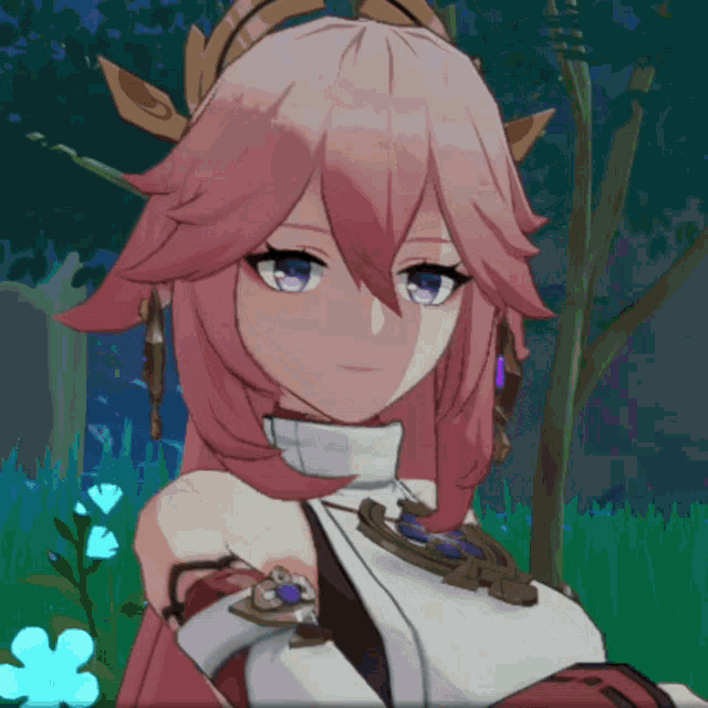 a girl with pink hair and blue eyes is wearing a white shirt