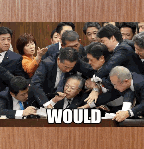 a group of men in suits and ties are having a fight and the caption says would