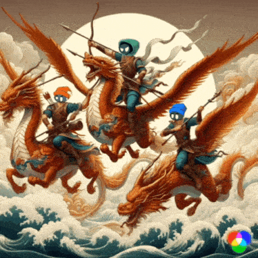 a painting of a man riding a dragon with a bow and arrow