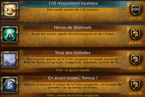 a list of achievements in a video game including herois de shatrath and tous des malades