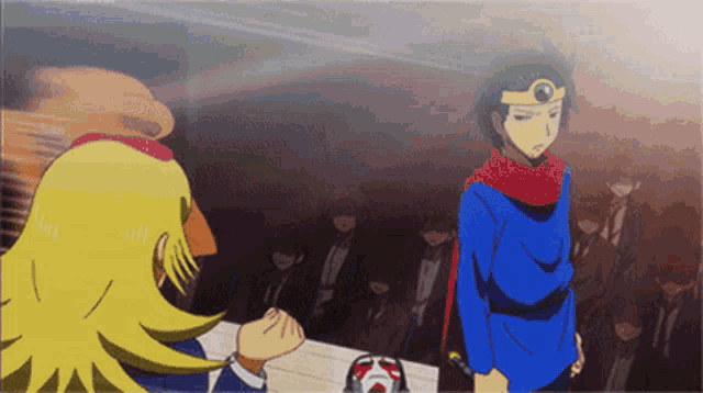 two anime characters standing next to each other with one wearing a red scarf around his neck