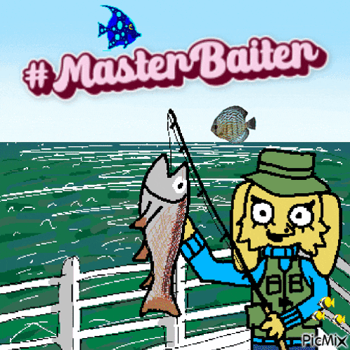 a cartoon of a fisherman holding a fish with the words # master baiter above him