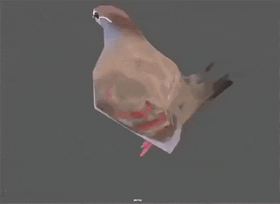 a 3d model of a pigeon is flying in the air on a gray background .