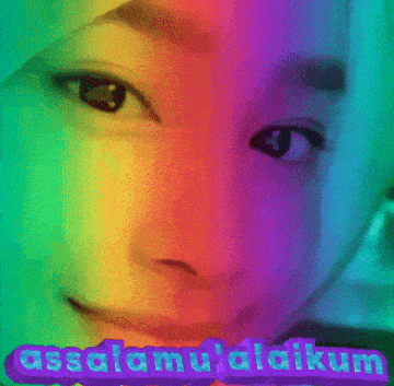 a close up of a girl 's face with a rainbow background and the words assalamu 'alaikum on the bottom