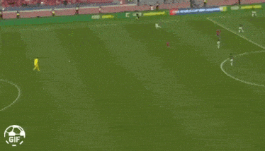 a soccer player in a red jersey kicks the ball into the goal while a gif is displayed in the corner