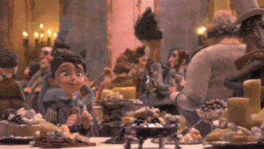 a cartoon character is sitting at a table with a bunch of food