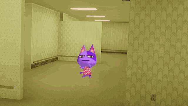 a purple cat is standing in a hallway with a patterned wall