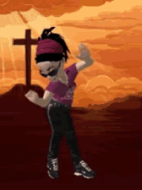 a cartoon character is dancing in front of a cross in the sky