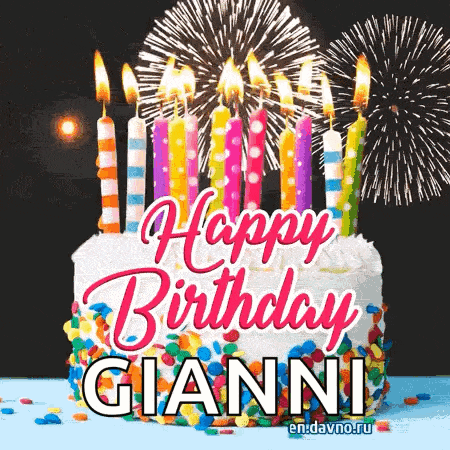 a happy birthday greeting card with a cake and fireworks for gianni